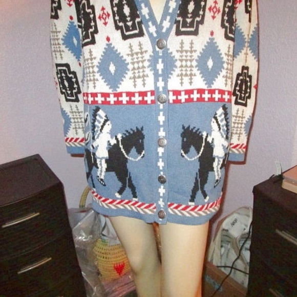 VTG Delia McKain NATIVE Warrior Size L CARDIGAN Sweater HORSE Cross AZTEC Pony - Picture 3 of 9